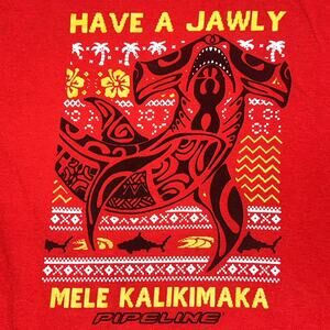 PIPELINE MENS XL HAWAIIAN SHARK CHRISTMAS GRAPHIC T-SHIRT RED COTTON